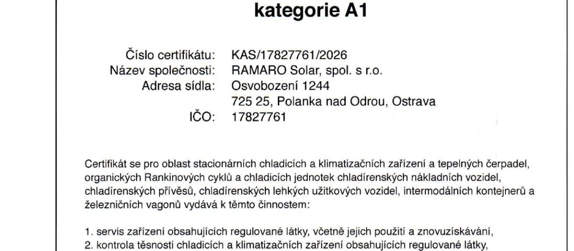 F-plyny Certifikat A1 - RAMARO